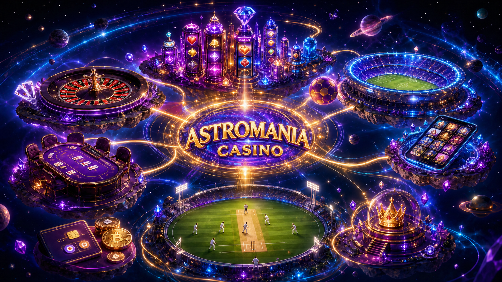 A cosmic Astromania universe connecting slots, roulette, live tables, sports, mobile play, VIP rewards and payments
